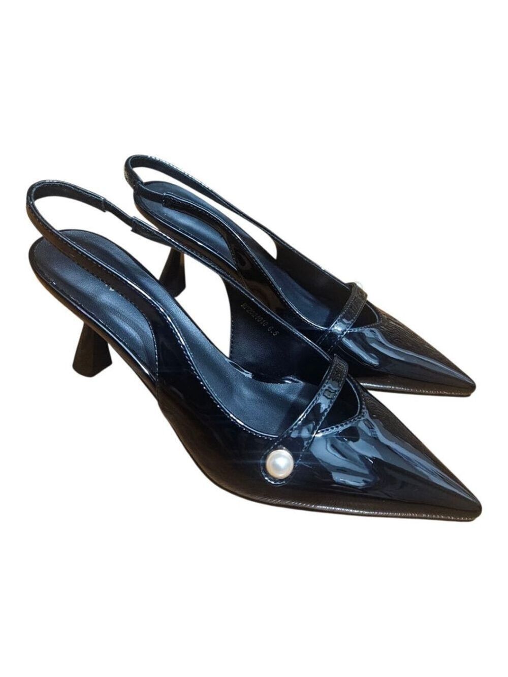 Ronilurn Slingback Black Women's Kitten Heels Pointed Toe Pearl Heels Sz 6.5